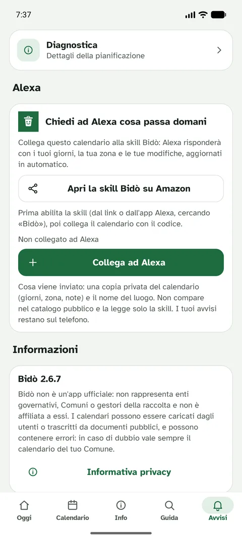Schermata dell'app Bidò: Collega il calendario ad Alexa con un codice