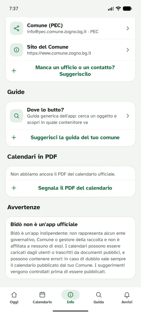 Schermata dell'app Bidò: Avvertenze e fonti del calendario