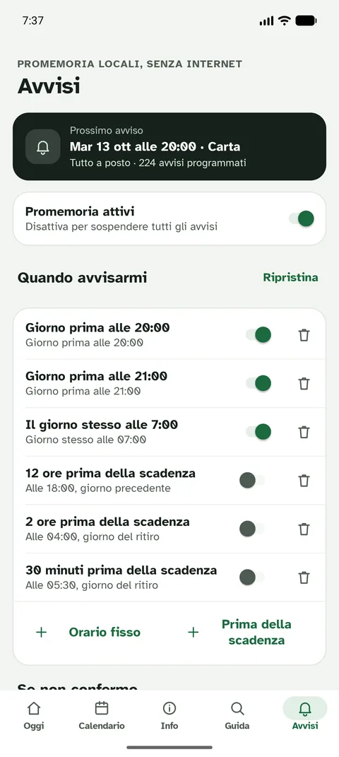 Schermata dell'app Bidò: Avvisi: scegli giorni, orari e rifiuti
