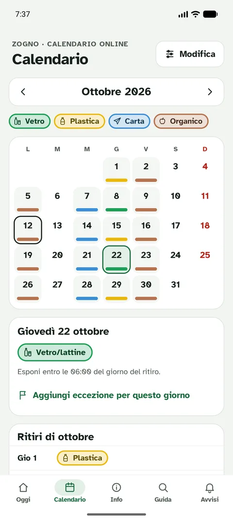 Schermata dell'app Bidò: Calendario del mese con i rifiuti di ogni giorno