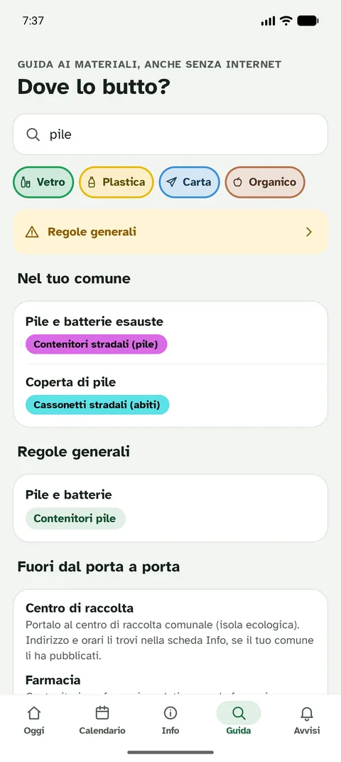 Schermata dell'app Bidò: Dove lo butto? Cerca un oggetto