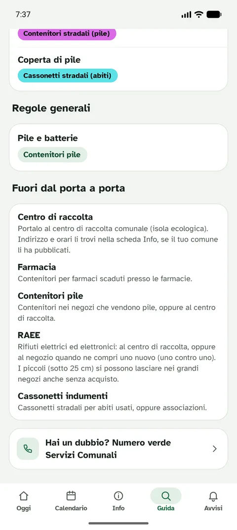 Schermata dell'app Bidò: Rifiuti fuori dal porta a porta: dove portarli