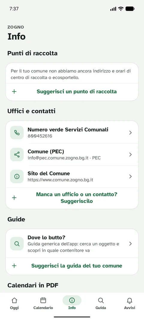 Schermata dell'app Bidò: Info: centro di raccolta, ecosportello e contatti