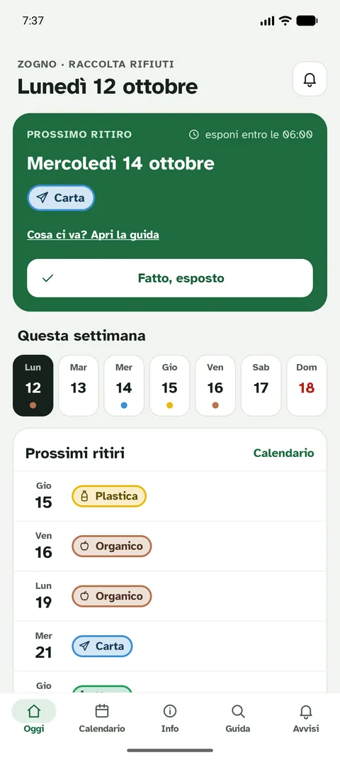 Schermata dell'app Bidò: Oggi: il prossimo ritiro, con l'orario entro cui esporre