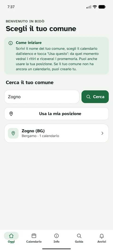 Schermata dell'app Bidò: Scegli il tuo comune
