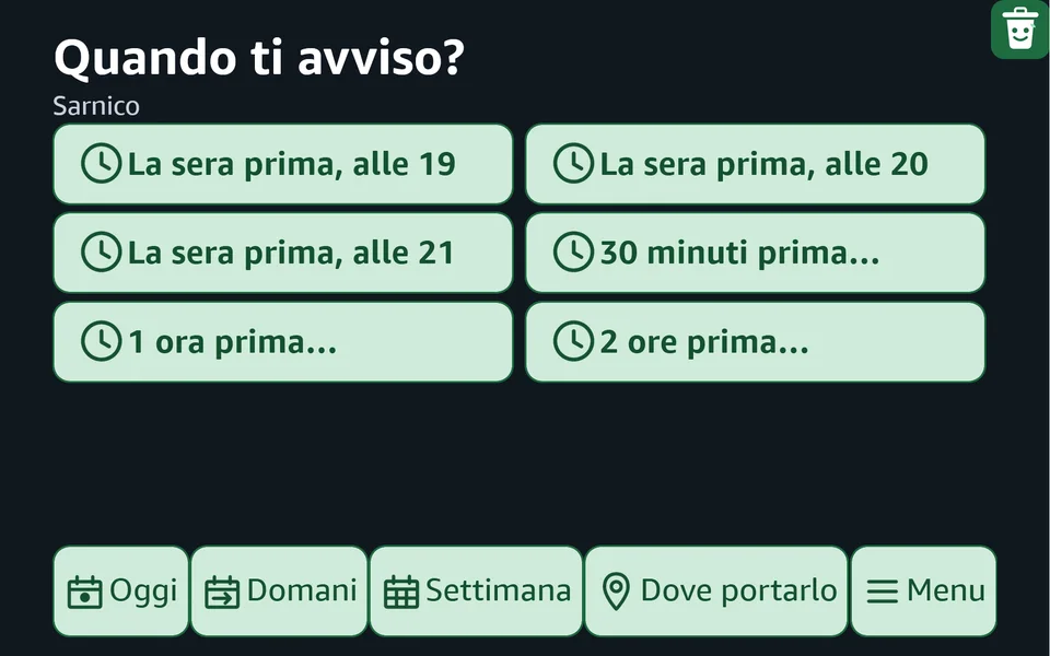 Schermo di Alexa con la skill Bidò: Promemoria: Alexa ti avvisa la sera prima o all'ora che scegli