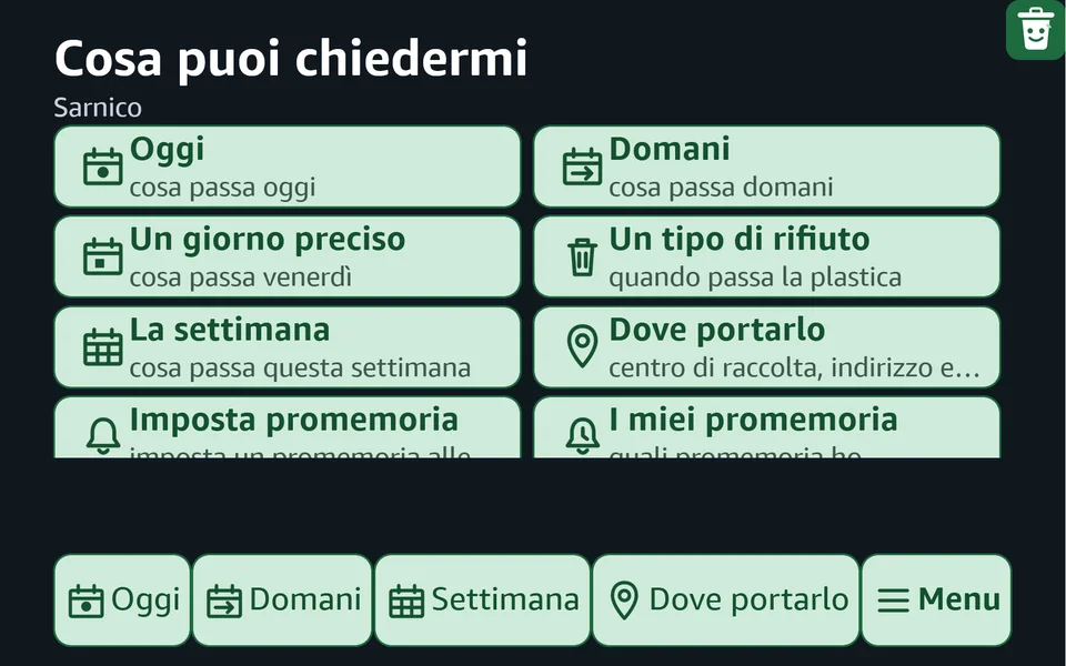Schermo di Alexa con la skill Bidò: Il menu: tutto quello che puoi chiedere, a voce o con un tocco