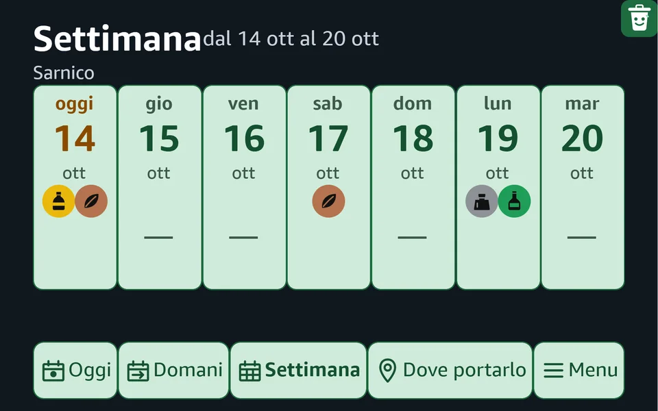 Schermo di Alexa con la skill Bidò: La settimana: i ritiri dei prossimi sette giorni